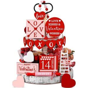 Wooden Valentine 15 Pcs Valentine's Day Tiered Tray Decor Set Red Heart Love